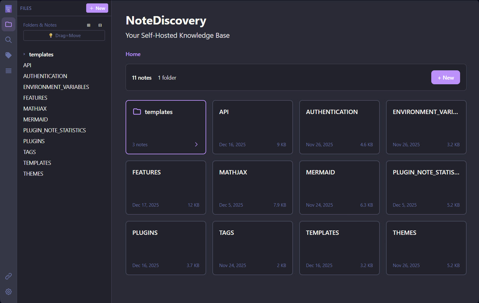 NoteDiscovery card view homepage with recent notes