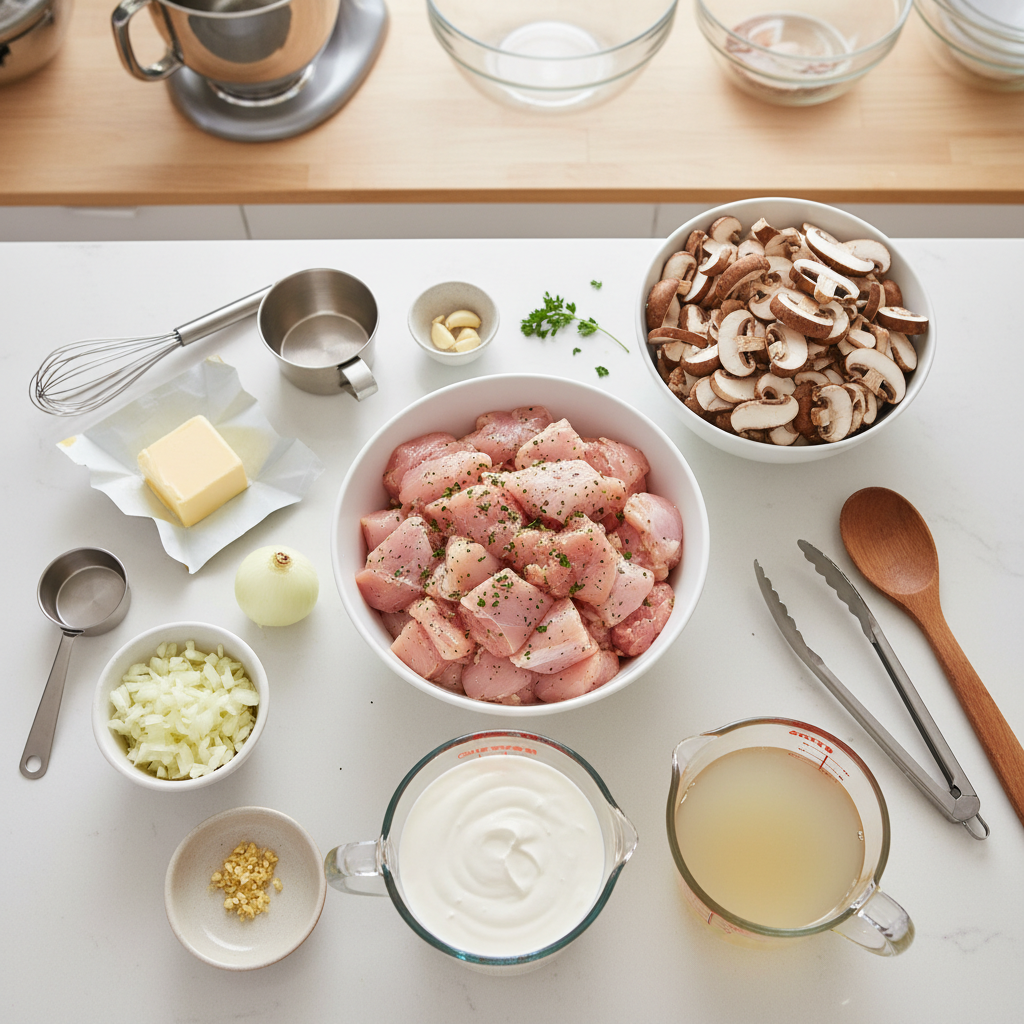 Ingredients and Prep for Atkins Creamy Chicken and Mushroom Stew
