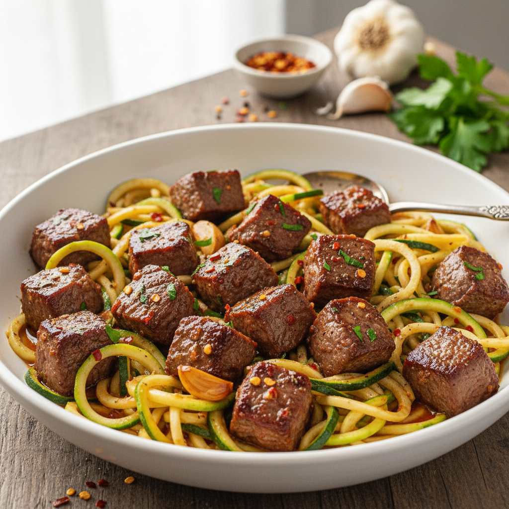 Hero Image of Spicy Garlic Butter Steak Bites with Zucchini