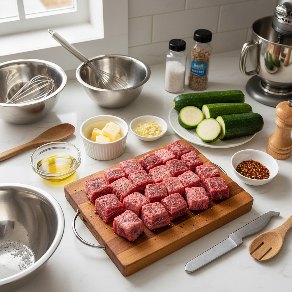 Ingredients and Prep for Spicy Garlic Butter Steak Bites with Zucchini